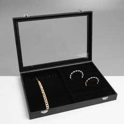 Шкатулка для украшений 10 крючков и 8 полос, 35×24×5, стеклянная крышка, чёрная