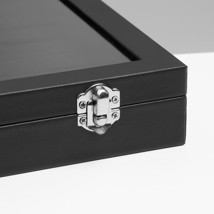 Шкатулка для украшений 10 крючков и 8 полос, 35×24×5, стеклянная крышка, чёрная