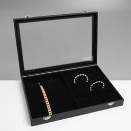 Шкатулка для украшений 10 крючков и 8 полос, 35×24×5, стеклянная крышка, чёрная