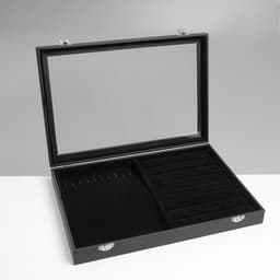 Шкатулка для украшений 10 крючков и 8 полос, 35×24×5, стеклянная крышка, чёрная