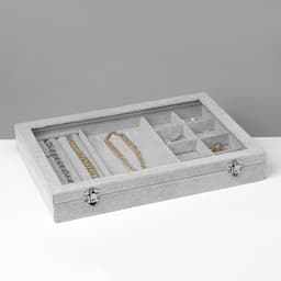 Шкатулка для украшений 4 полосы, 7 крючков, 8 ячеек, стеклянная крышка, серая