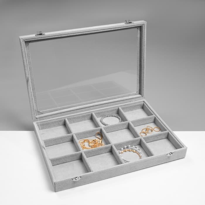 Шкатулка для украшений 12 ячеек, 35×24×4.5, стеклянная крышка, серая