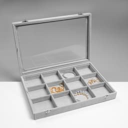 Шкатулка для украшений 12 ячеек, 35×24×4.5, стеклянная крышка, серая