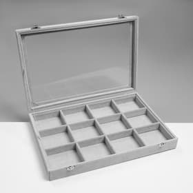 Шкатулка для украшений 12 ячеек, 35×24×4.5, стеклянная крышка, серая