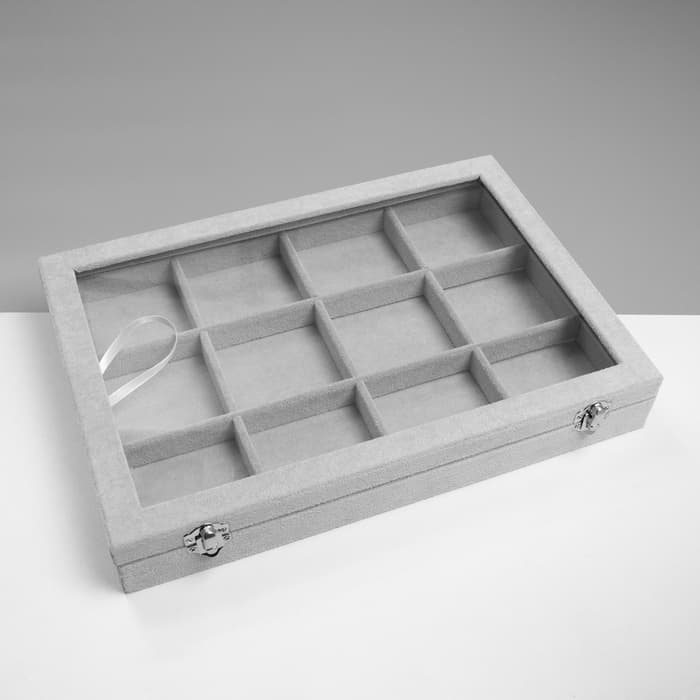 Шкатулка для украшений 12 ячеек, 35×24×4.5, стеклянная крышка, серая