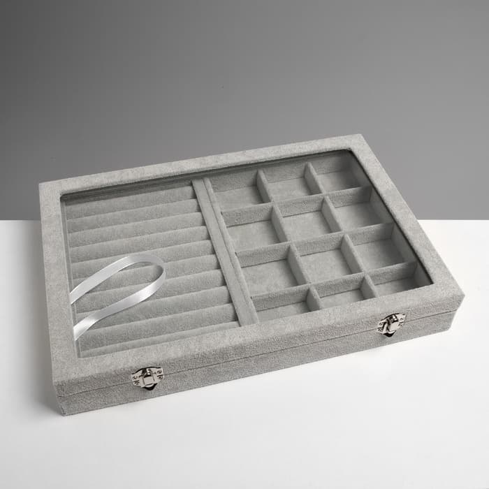 Шкатулка для украшений 9 полос, 12 ячеек, 35×24×4.5, стеклянная крышка, серая