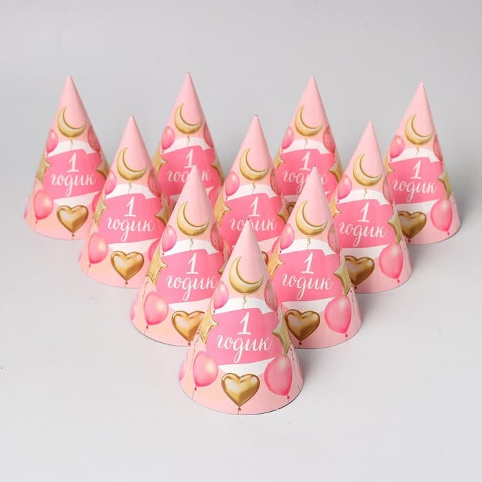 Колпак праздничный бумажный «1 годик. Малышка», шарики и звёзды, 16 см, цвет розовый