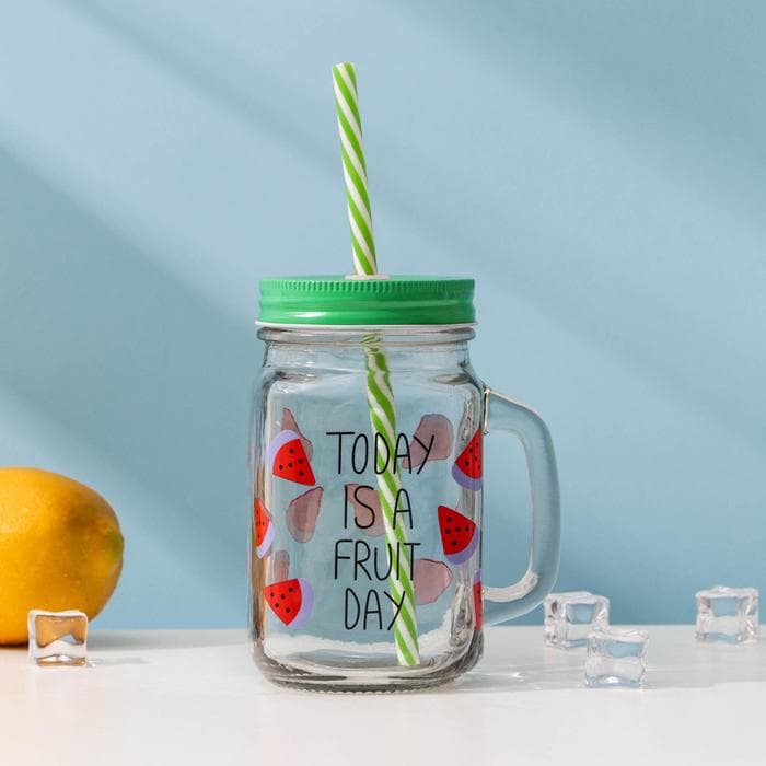 Банка с трубочкой Доляна «Счастливый день», 450 мл, 10.5×7.5×13 см, стекло, МИКС