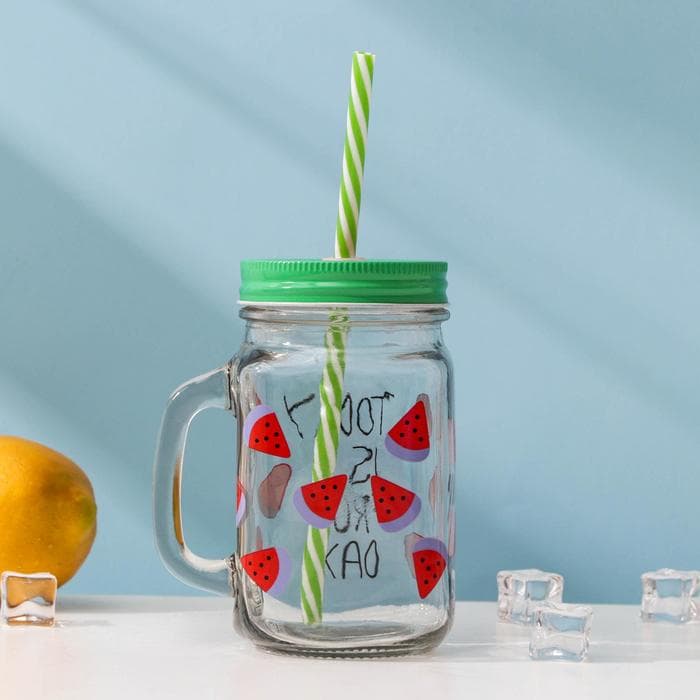 Банка с трубочкой Доляна «Счастливый день», 450 мл, 10.5×7.5×13 см, стекло, МИКС