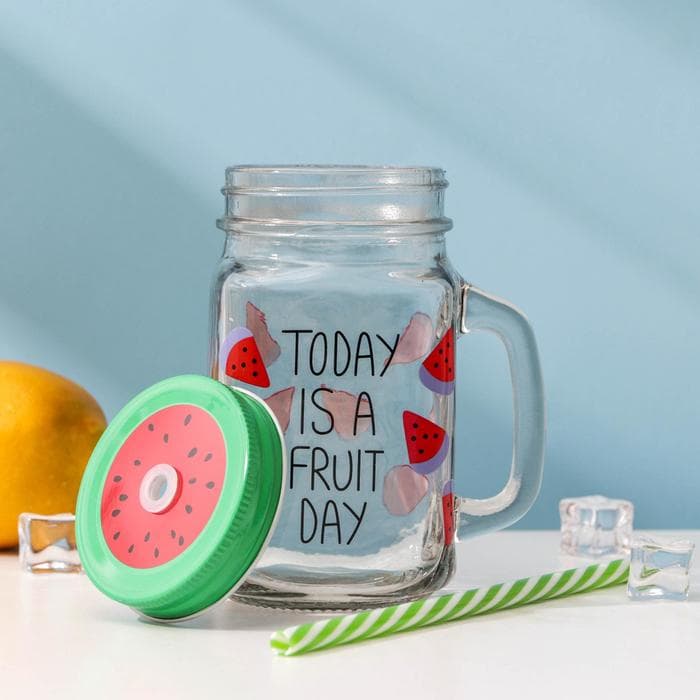 Банка с трубочкой Доляна «Счастливый день», 450 мл, 10.5×7.5×13 см, стекло, МИКС