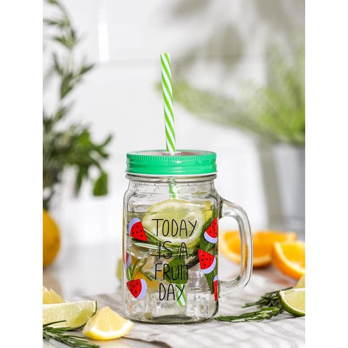 Банка с трубочкой Доляна «Счастливый день», 450 мл, 10.5×7.5×13 см, стекло, МИКС
