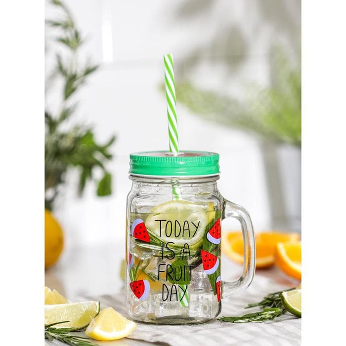 Банка с трубочкой Доляна «Счастливый день», 450 мл, 10.5×7.5×13 см, стекло, МИКС