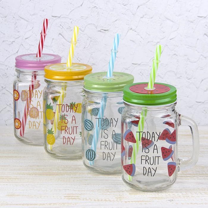 Банка с трубочкой Доляна «Счастливый день», 450 мл, 10.5×7.5×13 см, стекло, МИКС