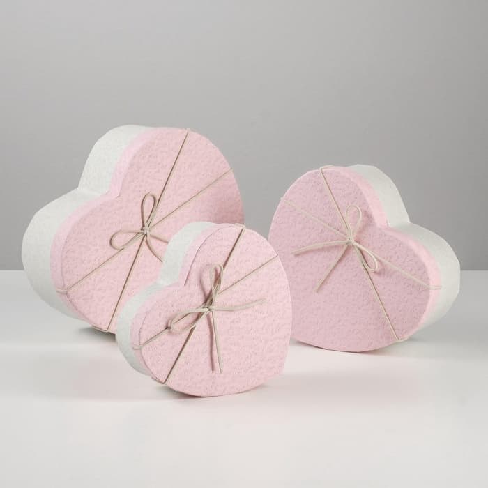 Набор подарочных коробок сердце 3 в 1, белый - розовый, 21×19×9 - 15.5×14×6 см