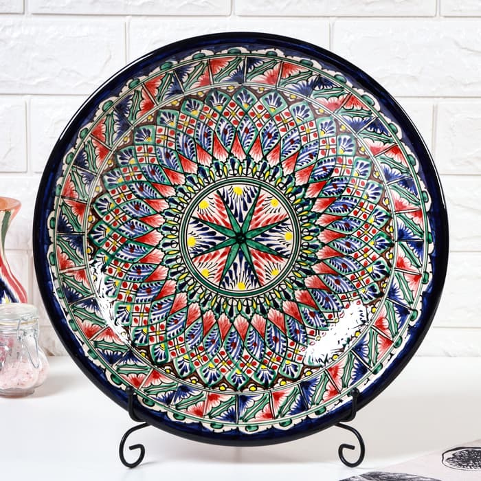 Ляган Риштанская Керамика "Узоры", 33 см, синий, глубокий