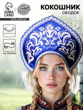 Кокошник русский народный «Морозный узор», атлас, синий