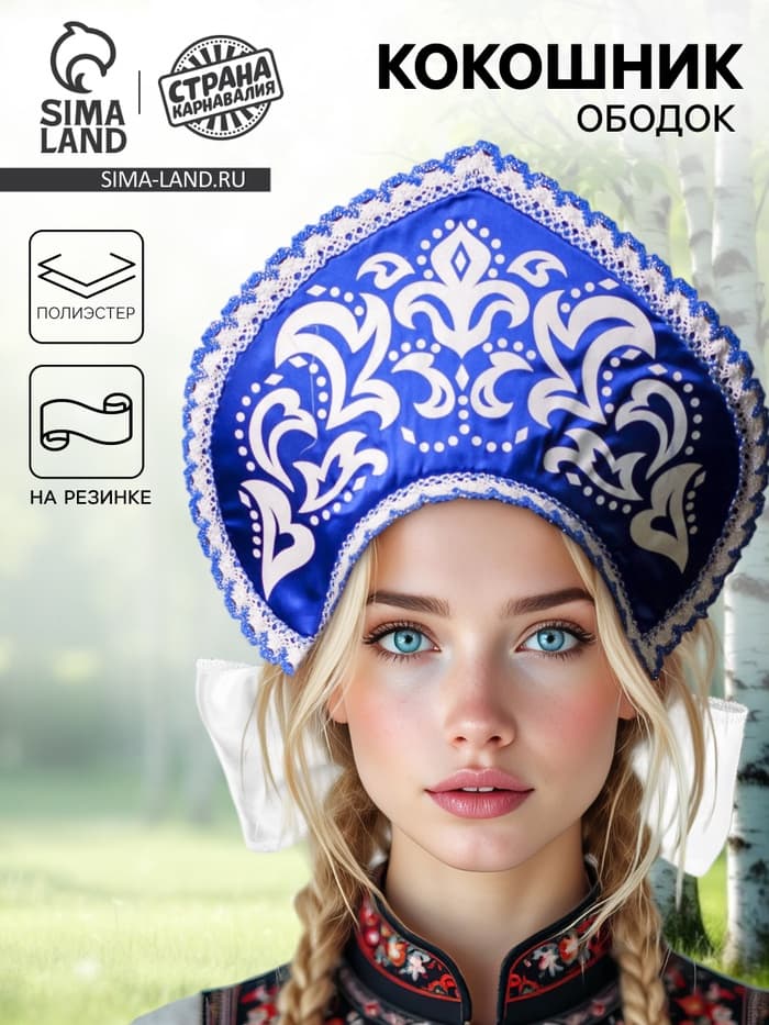 Кокошник русский народный «Морозный узор», атлас, синий