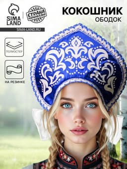 Кокошник русский народный «Морозный узор», атлас, синий