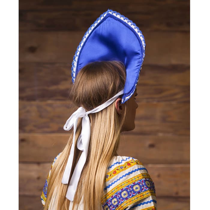Кокошник русский народный «Морозный узор», атлас, синий