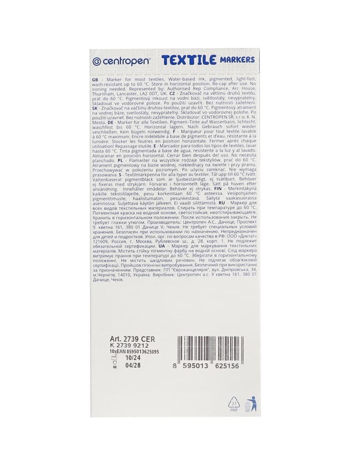 Маркер для ткани Centropen 2739, узел 3.9 мм, линия 1.8 мм, чёрный