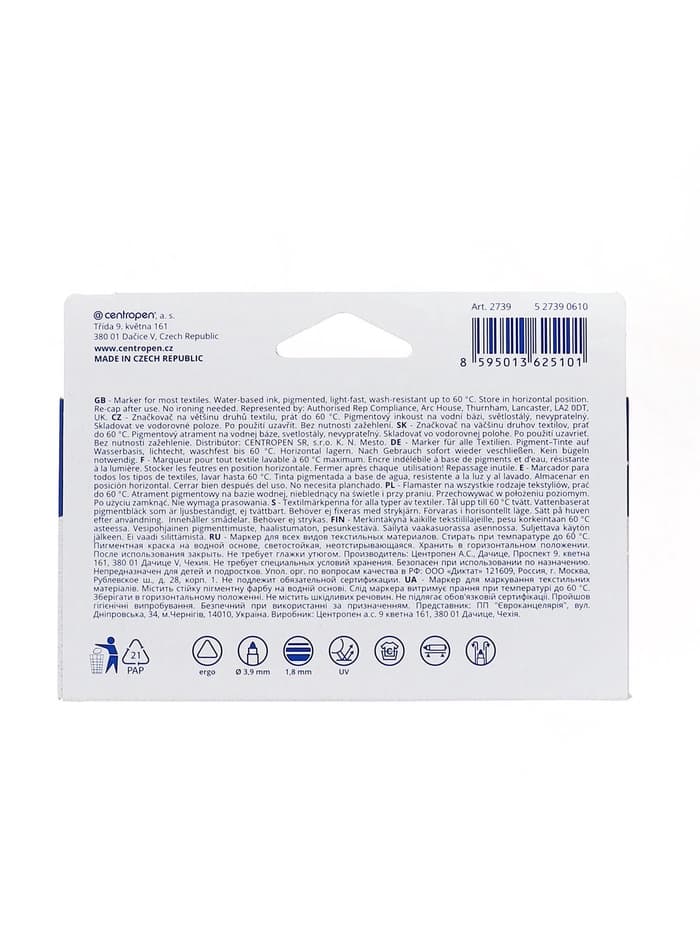 Набор маркеров для ткани Centropen 2739, 6 цветов, узел 3.9 мм, линия 1.8 мм