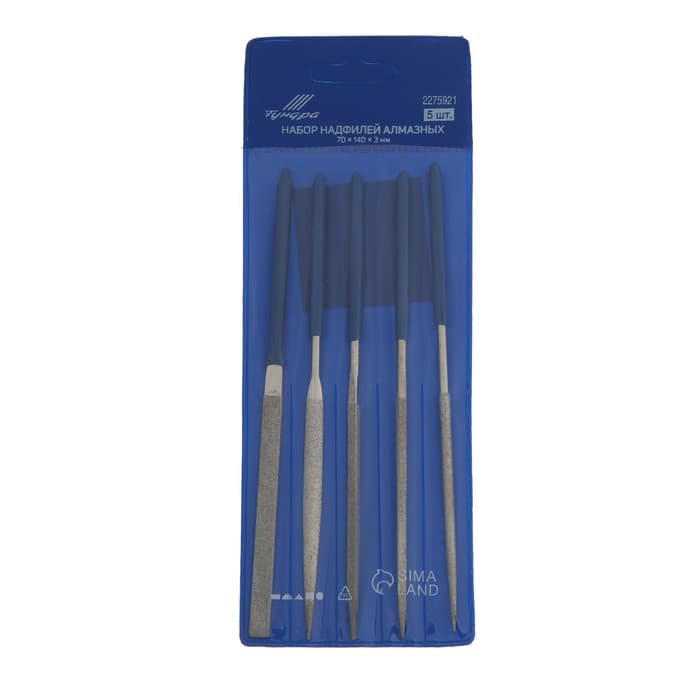 Набор надфилей алмазных ТУНДРА, обрезиненные рукоятки, 70×140×3 мм, 5 шт.