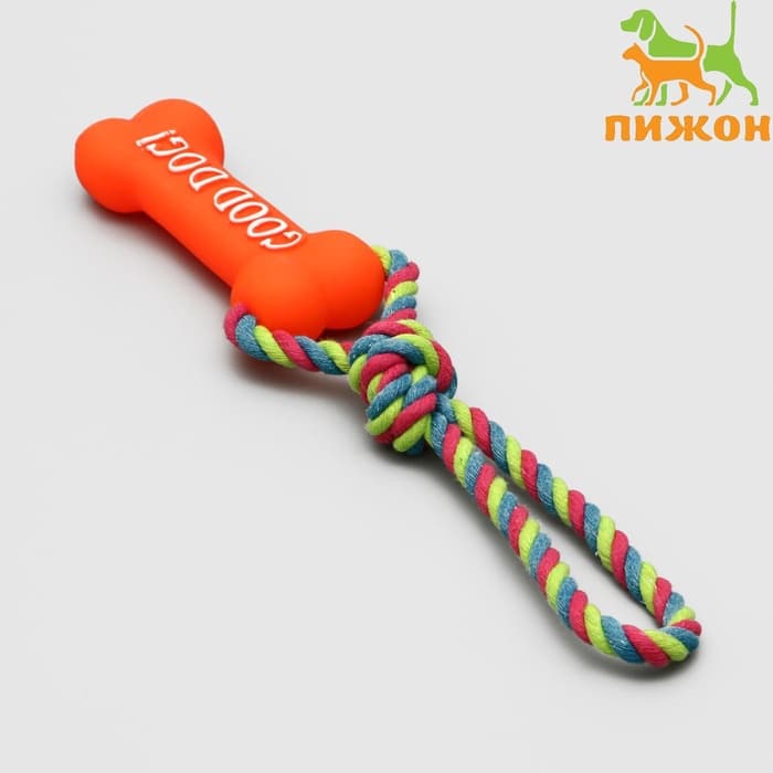Игрушка для собак «Кость», 14 см, резиновая, с ручкой из каната, до 37 см, цвет МИКС