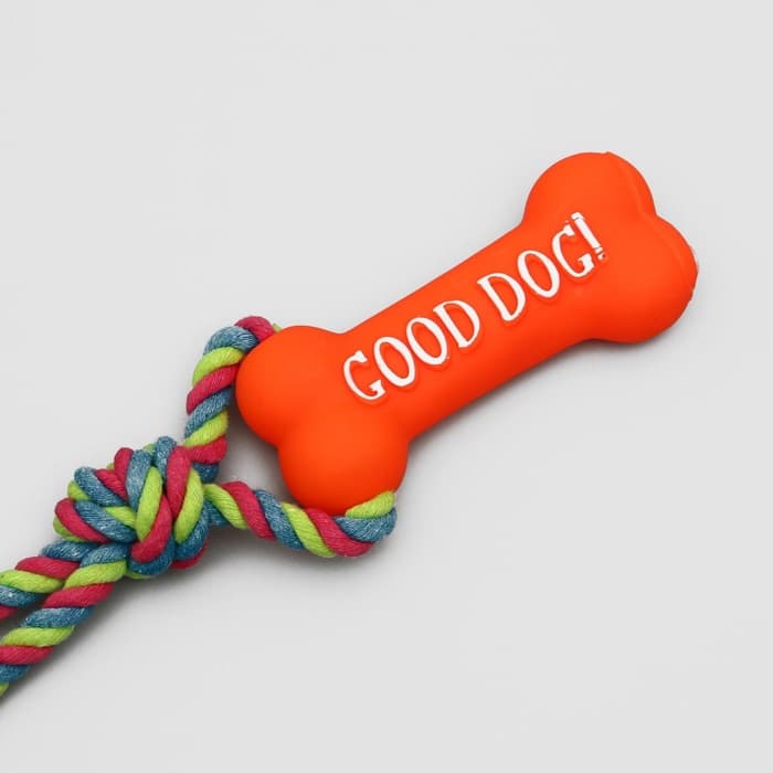 Игрушка для собак «Кость», 14 см, резиновая, с ручкой из каната, до 37 см, цвет МИКС