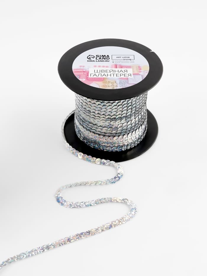 Пайетки на нити, голография, 6 мм, 91±1 м, цвет серебряный