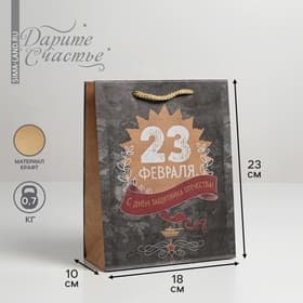 Пакет подарочный крафтовый, упаковка, «С 23 февраля», MS 18×23×8 см