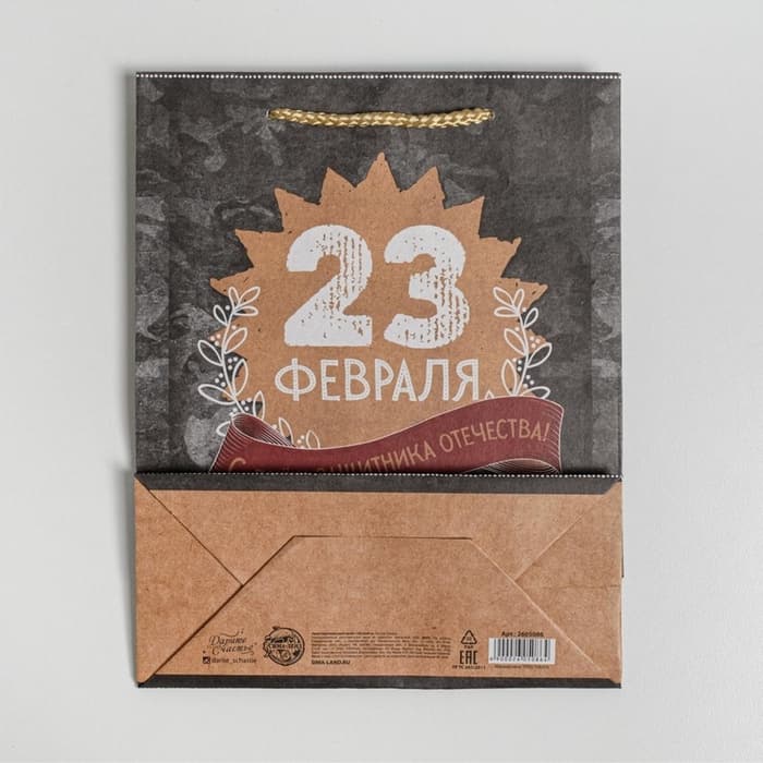 Пакет подарочный крафтовый, упаковка, «С 23 февраля», MS 18×23×8 см