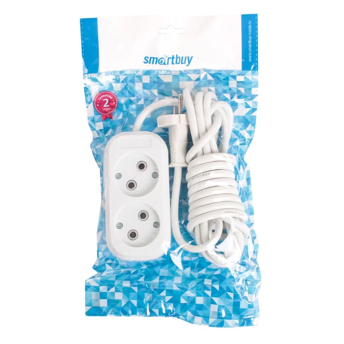 Удлинитель Smartbuy, 2 розетки, 3 м, 10 А, 2200 Вт, ПВС 2×1 мм², без заземления, белый