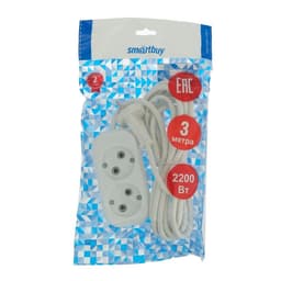 Удлинитель Smartbuy, 2 розетки, 3 м, 10 А, 2200 Вт, ПВС 2×1 мм², без заземления, белый