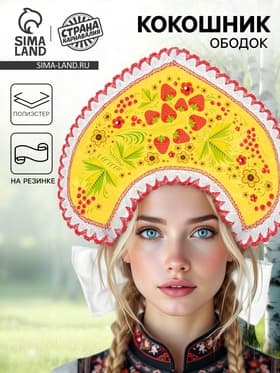 Кокошник «Хохлома ягодки», жёлтый атлас