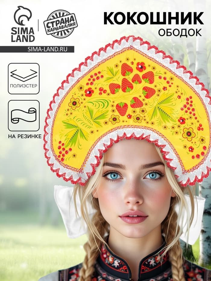 Кокошник «Хохлома ягодки», жёлтый атлас