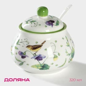 Сахарница с ложкой Доляна «Зелёный сад», 320 мл, 10×9 см, фарфор
