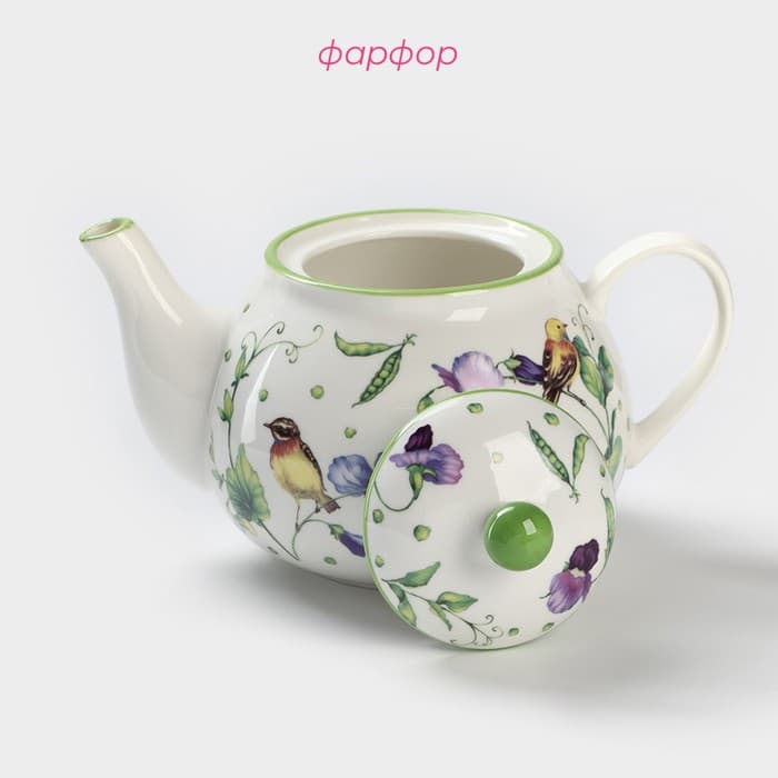 Заварочный чайник Доляна «Зелёный сад», 900 мл, фарфор, белый