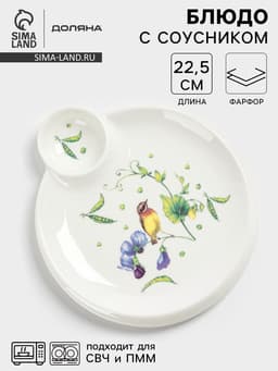 Блюдо Доляна «Зелёный сад», 22.5×20×2 см, с соусником, круглое, фарфор, белое