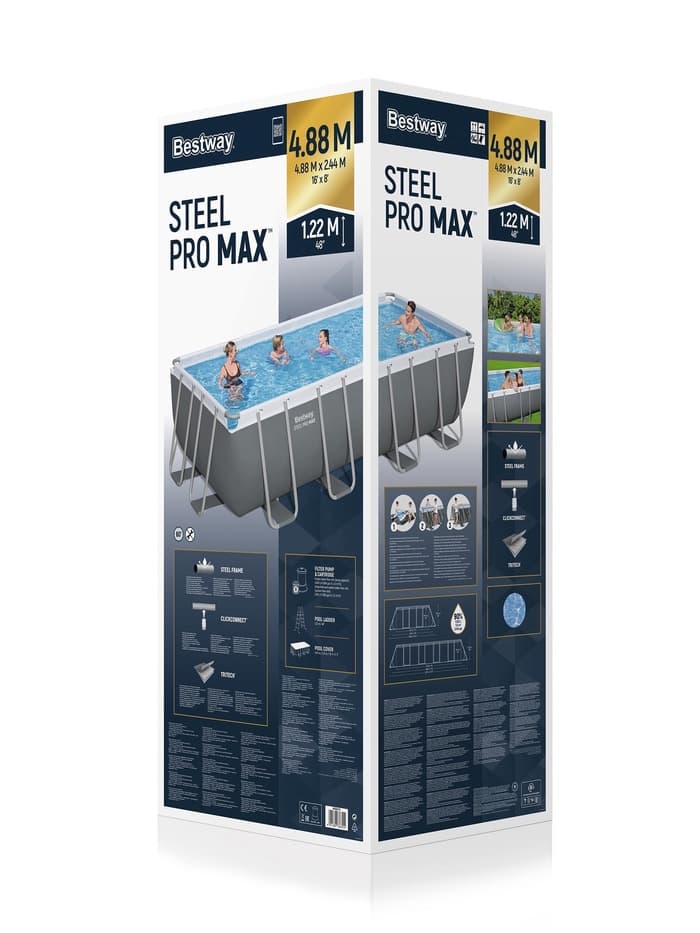 Бассейн каркасный Bestway Power Steel 56670, 488×244×122 см, фильтр-насос, лестница, тент, прямоугольный