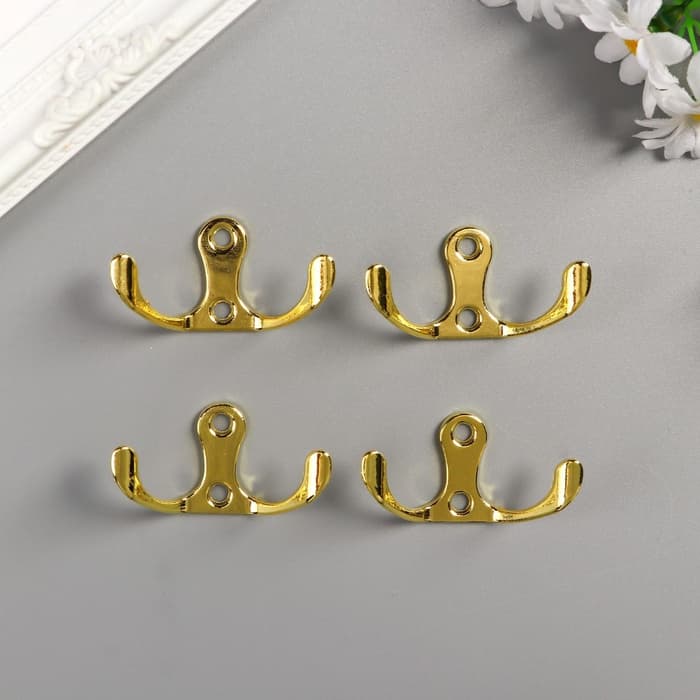 Крючок металл двойной, набор 4 шт., золото, 4.5×3 см