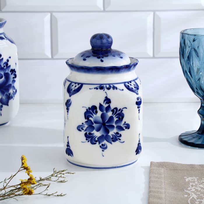 Банка для хранения сыпучих продуктов «Каскад», 16.5 см, 0.95 л, автор Шибаев С., фарфор гжель