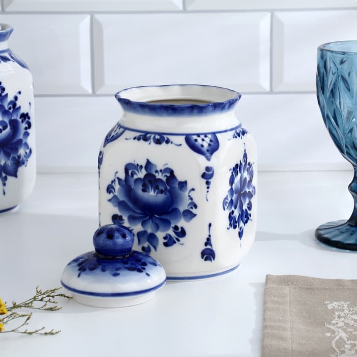 Банка для хранения сыпучих продуктов «Каскад», 16.5 см, 0.95 л, автор Шибаев С., фарфор гжель