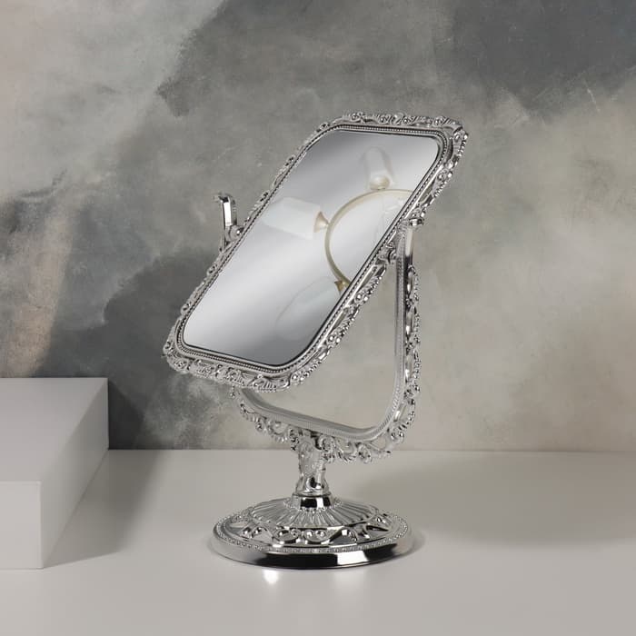 Зеркало настольное, с увеличением х2, двустороннее, 16×23 см, (10.5×14.5 см), серебристое