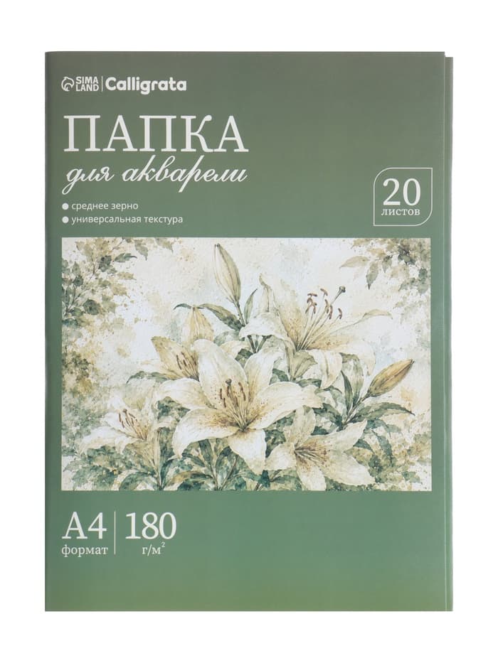 Папка для акварели А4, 20 листов «Цветы», блок 180 г/м²