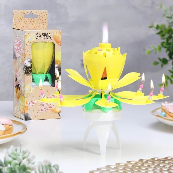 Свеча для торта музыкальная «Тюльпан», крутящаяся, жёлтая, 14.5×6 см