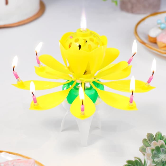 Свеча для торта музыкальная «Тюльпан», крутящаяся, жёлтая, 14.5×6 см