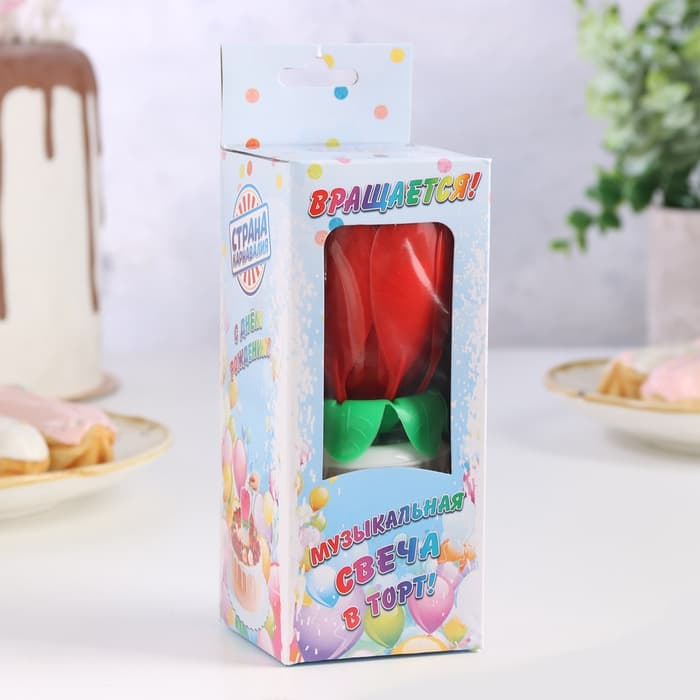 Свеча для торта музыкальная «Тюльпан», крутящаяся, красная, 14.5×6 см