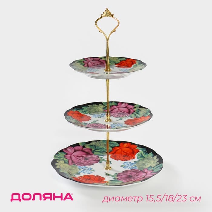 Этажёрка для фруктов и десертов Доляна «Роспись», 3 яруса, d=15/17.8/22.8 см, керамика, разноцветная