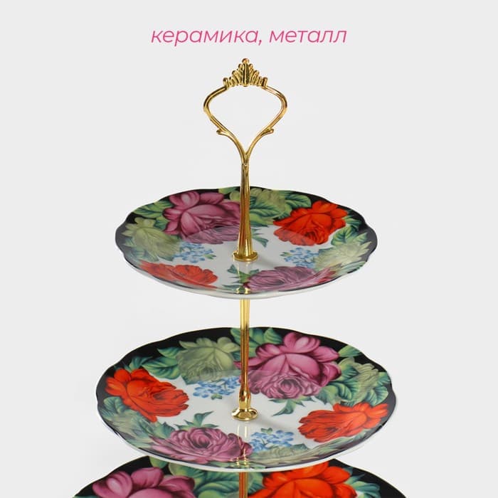 Этажёрка для фруктов и десертов Доляна «Роспись», 3 яруса, d=15/17.8/22.8 см, керамика, разноцветная
