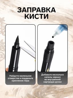Кисть для каллиграфии, заправляемая, с запасными чернилами, чёрная